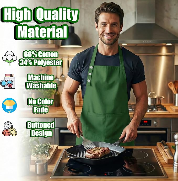 TOSHE Kitchen Apron Waterdrop Resistant Cotton Apron with adjustable Aprons for Women with Pockets 12 Color option Cooking Green Apron (Green) - Image 3
