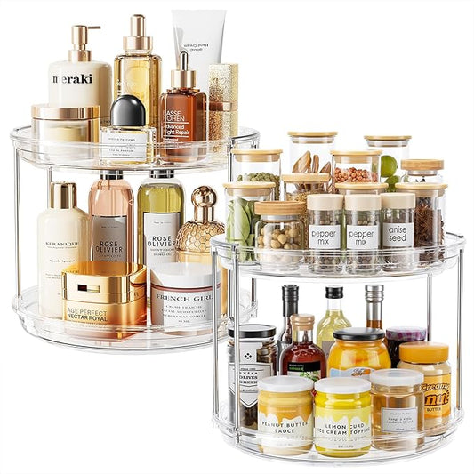 LAMU 2 Pack 2 Tier Lazy Susan Turntable Organizer 10.6'' Rotating Spice Rack Organization for Cabinet, Kitchen, Pantry, Countertop, Bathroom, Vanity, Medicine Cabinet Organizer, Clear by YourHome-OrganizationHelper