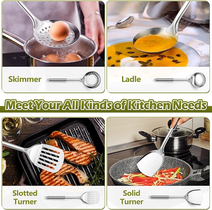 E-far Cooking Utensils Set, 10-Piece Stainless Steel Kitchen Utensils with Holder, Metal Heat Resistant Kitchen Cookware Tool Spatula Set for Cooking, Easy Clean & Dishwasher Safe - Image 3