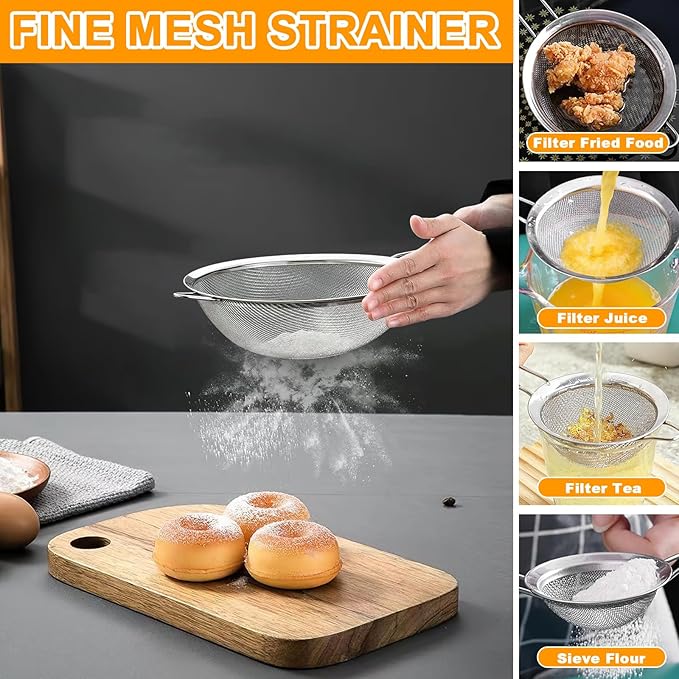 Colander Stainless Steel, 7 Piece Strainers and Colanders Set, Mesh Strainer Net Baskets with Handles, 2 Stainless Steel Plates and Fine Mesh Strainer for Kitchen Food Strain Drain Rinse Cooking - Image 4