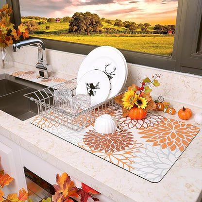 Findosom 2PCS 12" x 20" Fall Dish Drying Mat & 24" x 5.5" Sink Splash Guard, Super Absorbent & Cuttable Dish Mat Drying Kitchen Mat with Orange Floral, Hide Stain Drying Mat for Kitchen Counter - Image 8