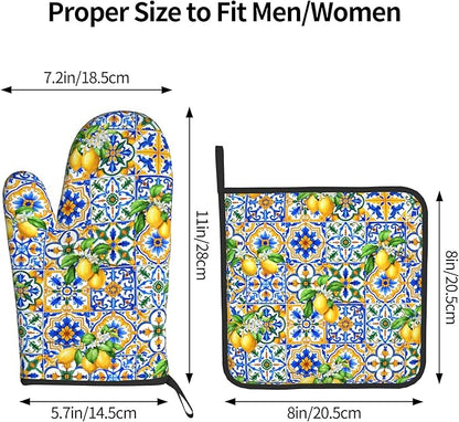 Lemon Oven Mitts - Summer Kitchen Mitts Pot Holders Teal Blue and Yellow Hot Mitts Boho Floral Hot Pads Sets of 2 for Cooking Baking Grilling - Image 3