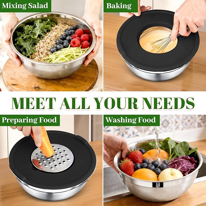 8PCS Mixing Bowls with Lids Set - 5 Nesting Mixing Bowls, 3 Grater Attachments, Lids, Stainless Steel Mixing Bowls for Mixing & Serving, Size 1.5/2.1/3.5/4/4.5 QT, Black - Image 7