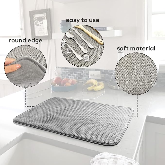 2 Pack Microfiber Dish Drying Mat,Absorbent Dish Drainer Kitchen Counter,Super Absorbent Dish Drying Pads 20×15 Inch Grey - Image 3