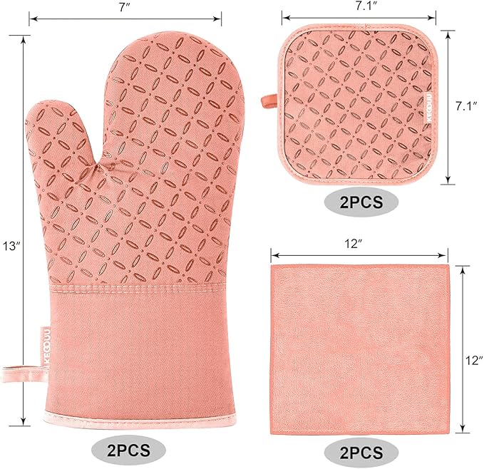 KEGOUU Oven Mitts and Pot Holders 6pcs Set, Kitchen Oven Glove High Heat Resistant 500 Degree Extra Long Oven Mitts and Potholder with Non-Slip Silicone Surface for Cooking (Pink) - Image 2