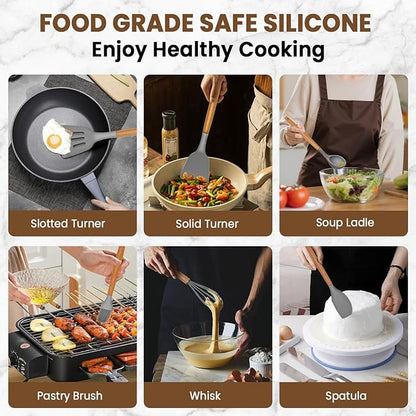 Kitchen Utensils Set - 12 Pcs Silicone Cooking Utensils Set with Wooden Handle - Heat Resistant Non-Stick BPA Free Spatula Set,Turner, Spoon, Brush, Silicone Kitchen Gadgets Utensil Set - Image 4
