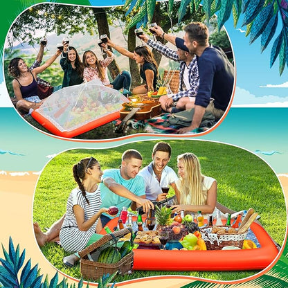 Leitee 3 Pcs Inflatable Serving Bar Kit Includes Salad Buffet Tray with Drain Plug Mesh Food Cover Food Drink Containers and Inflator for Ice Supplies Halloween Party Camping Picnic(Orange)