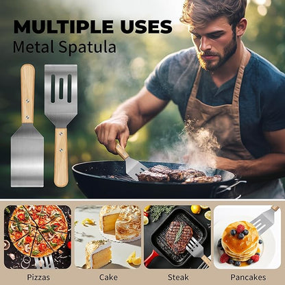 2 Pieces Stainless Steel Spatula Set,Metal Spatula for Cast Iron Skillet,Metal Spatula for Cooking with Wooden Handle,Metal Spatulas for kitchen use for Pancakes,Frying steak,Burger and Desserts