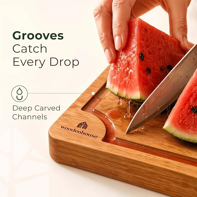 Wood Cutting Board Set of 3 with Holder - Sturdy & Easy to Clean Bamboo Wooden Cutting Boards for Kitchen - 3 Sizes of Chopping Board with Juice Grooves for Meal Prep, Everyday Use, Housewarming Gift