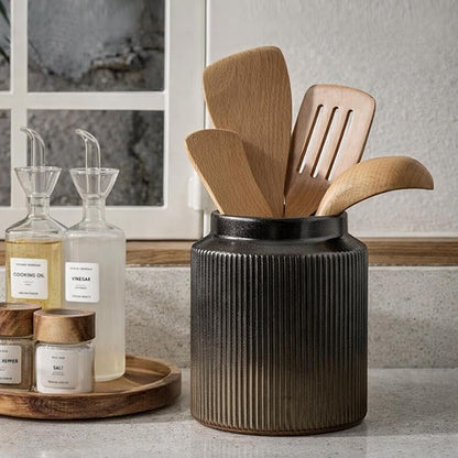 JIEMEI HOME Kitchen Utensil Holder, 6.77" Ceramic Farmhouse Stable Utensil Crock for Countertop, Vintage Style Cooking Tool Organizer with Cork Mat, Spatula Holder For Kitchen Decor, Black - Image 6