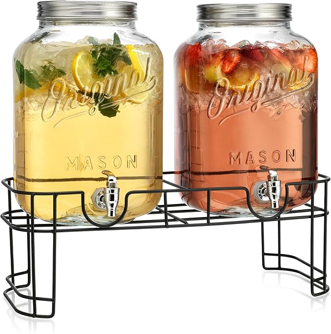 MosJos 2 GALLON Glass Drink Dispensers for Parties, 2 Pack Mason Jar Beverage Dispensers with Metal Stand, Glass Water Dispenser with Spigot, Laundry Detergent Dispenser - Image 8