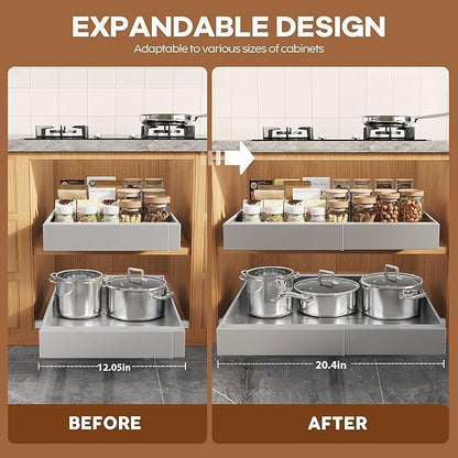 Seinloes 2Pack Expandable Pull Out Cabinet Organizer 21"Deep With Raising Pad for Framed Cabinets, Upgrade 3 Slide Rails Slide Out Drawers,Roll Out Shelves Adhesive,Adjustable Width 12.05"-20.4"Silver - Image 3