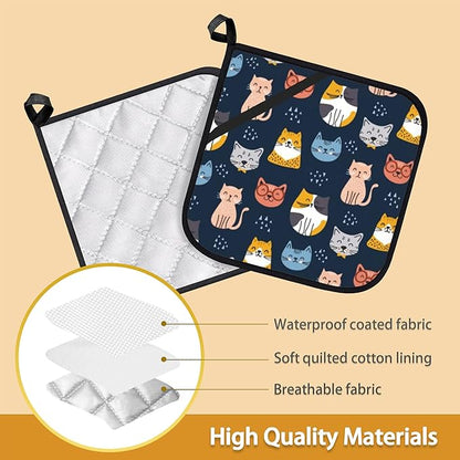 Cute Cat Pot Holder Set of 2,Heat Resistant Potholders Oven Hot Pads for Kitchen Cooking Baking BBQ