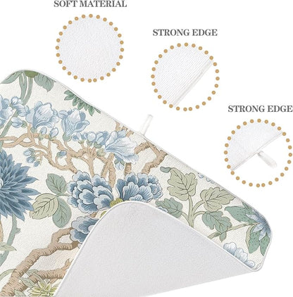 Chinoiserie Dish Drying Mat 18x24 Inch Vintage Sage Green Blue Floral Drying Mat Boho Spring Summer Seasonal Absorbent Dish Drying Pad Dish Rack Drainer Mats for Kitchen Dining Counter