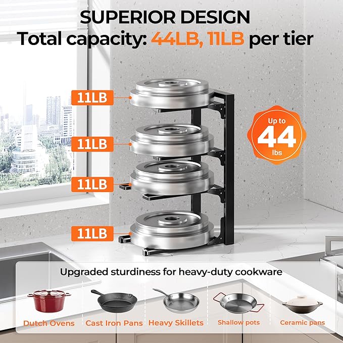 MUDEELA Pots and Pans Organizer under Cabinet 15.75" Tall, 4-Tier Heavy Duty Pan Organizers inside Cabinet Kitchen Storage, Adjustable Pot Rack Holds up to 44 LB Cast Iron Skillets Shallow Cookware - Image 3