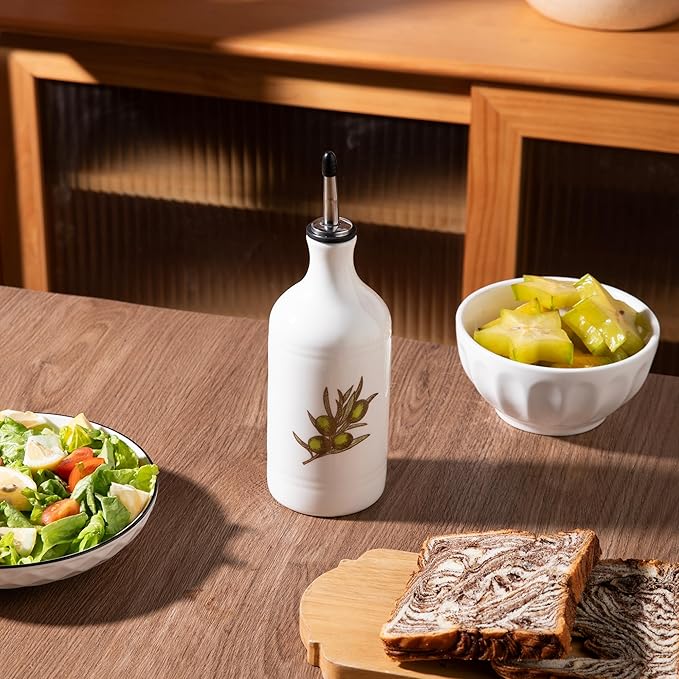 Sweejar Ceramic Olive Oil Dispenser Bottle, Opaque Oil Cruet Protects to Reduce Oxidation, Suitable for Storage Vinegar, Coffee Syrups & Other Liquids, Pack of 1, 15.5 Fl Oz(Olive Leaf White) - Image 5