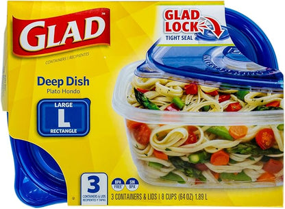Glad GladWare Deep Dish Food Storage Containers with Lids, Large Rectangle BPA Free Plastic for Soups Salads and Meal Prep, Lock Tight Seal, Microwave Dishwasher Safe, 64 Oz, 3 Count - Image 3
