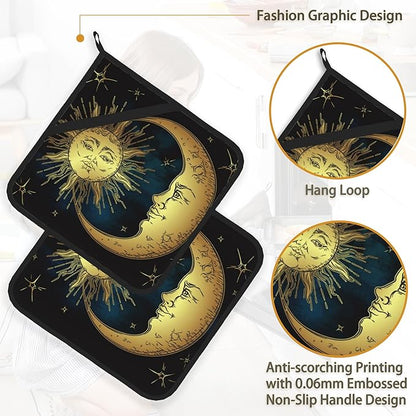 Celestial Moon Golden Sun Boho Chic Stars Pot Holder Set of 2,Heat Resistant Potholders Oven Hot Pads for Kitchen Cooking Baking BBQ