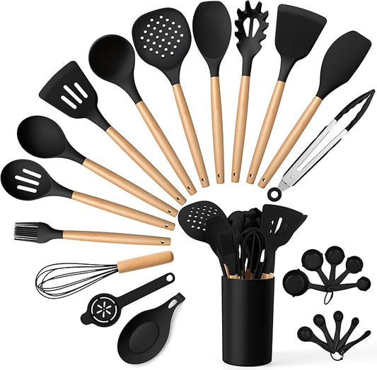 E-far Black Kitchen Utensils Set with Holder, 25-Piece Silicone Cooking Utensil Set with Wooden Handle for Nonstick Cookware, 446°F Heat Resistant Kitchen Tool Spatula Tongs Whisk, Non-toxic & Healthy by E-far