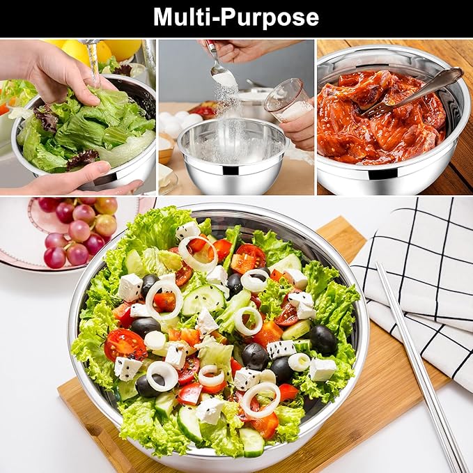 E-far Mixing Bowls with Lids, 6-Piece Stainless Steel Salad Bowls Metal Nesting Bowls for Baking Cooking and Prepping, Airtight Lids & Stackable Design, Size 4.5, 3, 1.5 QT (Black) - Image 4