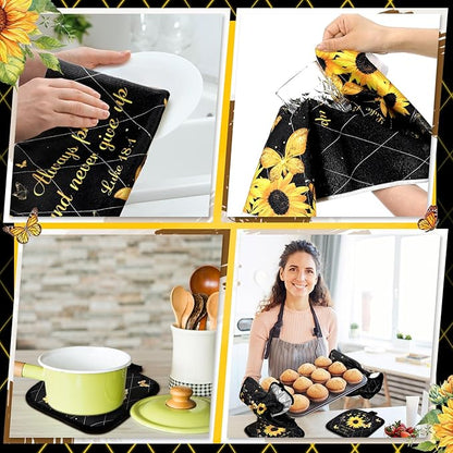 Fourluoo 10 Pcs Sunflower Butterfly Kitchen Dish Towels Rugs Oven Mitts and Pot Holders Set Farmhouse Kitchen Decor Set for Women Mom Daughter Gift Cooking Baking Grilling (Bright Black)