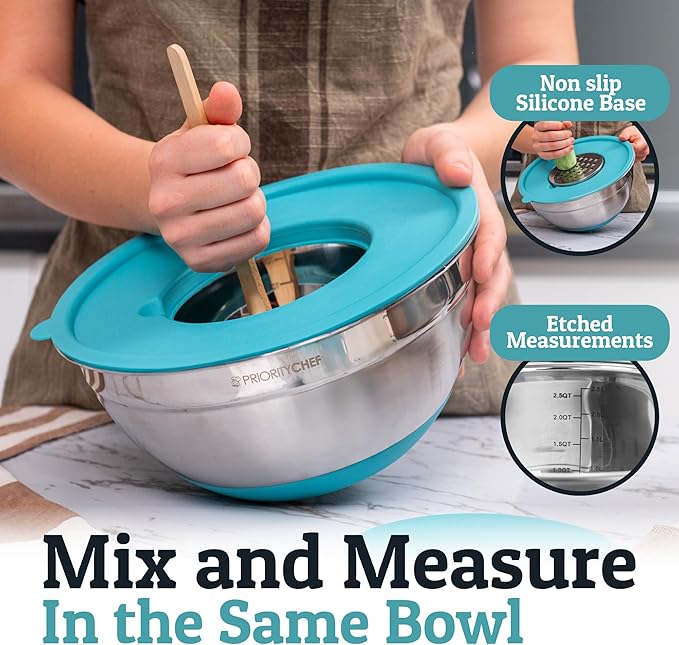 Priority Chef 6Pc Large Mixing Bowls With Lids Set with Non-Slip Bases, Stainless Steel Mixing Bowl Set, 6 Airtight Lids and 3 Graters, Turquoise - Image 3