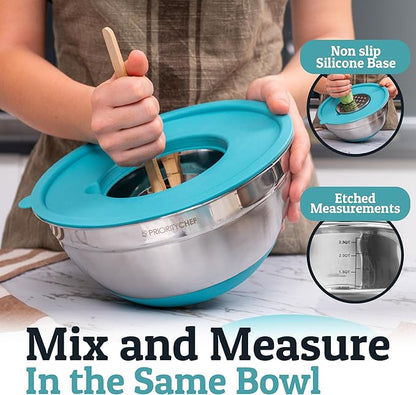 Priority Chef 6Pc Large Mixing Bowls With Lids Set with Non-Slip Bases, Stainless Steel Mixing Bowl Set, 6 Airtight Lids and 3 Graters, Turquoise - Image 3