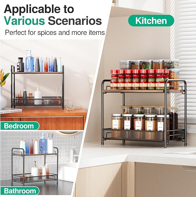 2 Pack Spice Rack Organizer for Countertop with Wood Top, 2-Tier Foldable Metal Rust-Proof Standing Large Seasoning Storage Shelf with Guardrail & Mesh Design for Kitchen Living Room, Black - Image 6