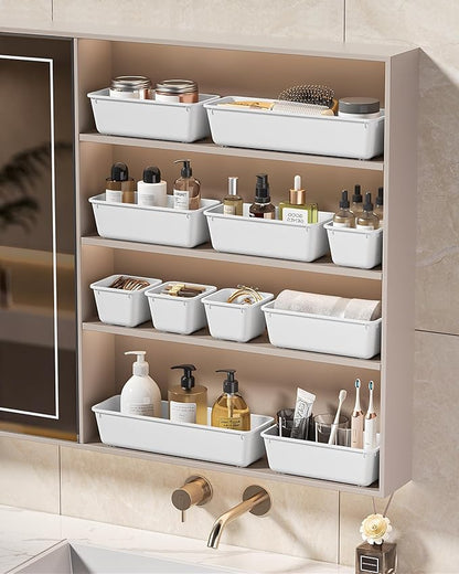 KEMETHY 25 PCS Plastic Drawer Organizers Set, 4 Sizes Vanity Organizer, Makeup and Desk Drawer Organizer Trays, Organization and Storage for Makeup, Bathroom, Kitchen Utensils and Office (White) - Image 7