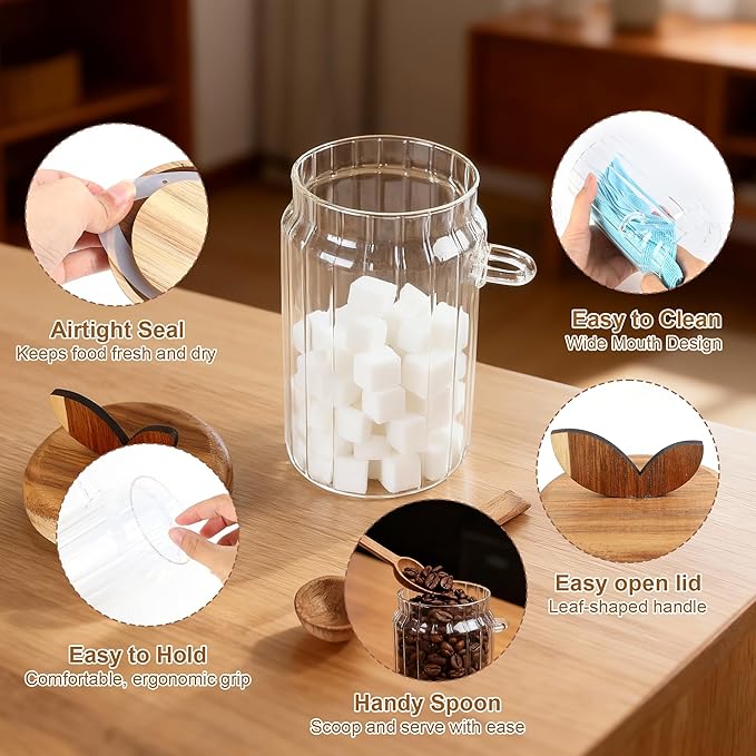 holoith 2 Pack Sugar Bowl Sugar Container 27oz Glass Jars with Bamboo Lid and Spoon, Airtight Food Storage Jar for Coffee Bar, Kitchen Canisters for Coffee Beans, Spice, Brown Sugars, Nuts, Candy - Image 4