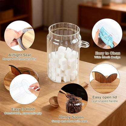 holoith 2 Pack Sugar Bowl Sugar Container 27oz Glass Jars with Bamboo Lid and Spoon, Airtight Food Storage Jar for Coffee Bar, Kitchen Canisters for Coffee Beans, Spice, Brown Sugars, Nuts, Candy - Image 4