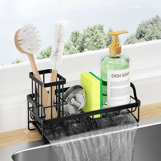 Consumest Sponge Holder for Kitchen Sink - Sink Caddy with Stainless Steel Self Drain Tray, Sink Organizer with High Brush Holder Countertop for Kitchen Sink Accessories, Black by Consumest