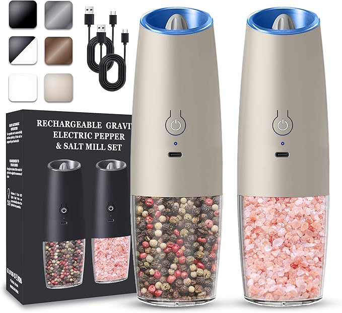 UNNEES Rechargeable Electric Salt and Pepper Grinder set of 2, gravity electric salt and pepper grinder set, Adjustable Roughness, LED Light, 2 Pack, (Khaki) by UNNEES