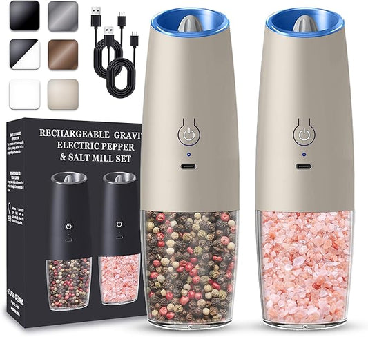 UNNEES Rechargeable Electric Salt and Pepper Grinder set of 2, gravity electric salt and pepper grinder set, Adjustable Roughness, LED Light, 2 Pack, (Khaki) by UNNEES