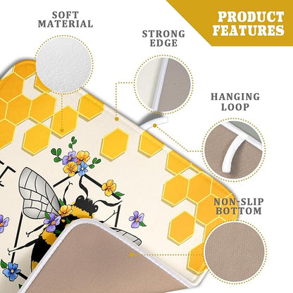 Giwawa Bee Kind Dish Drying Mat, Summer Bees Flowers Dish Drainer Mats for Kitchen Countertop, Yellow Honeycomb Absorbent Reversible Dish Drying Pad Decoration, 16x18inches, Small Size
