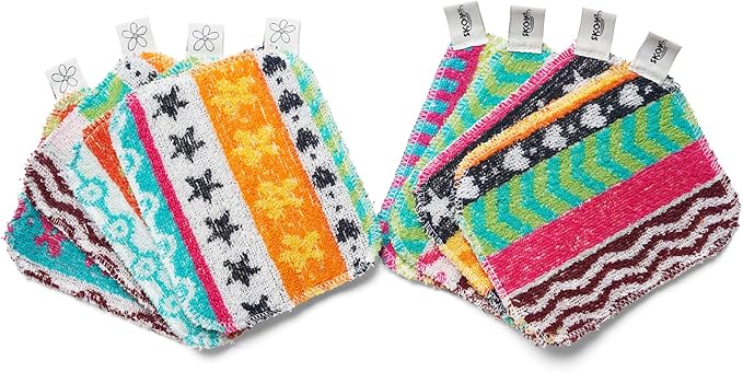 Skoy Scrub, 8-Pack Reusable, Non-Scratching Dish Scrubber for Kitchen and Household Cleaning, Planet-Friendly, Dishwasher Safe Soft Scrub, Assorted Colors and Designs by Skoy