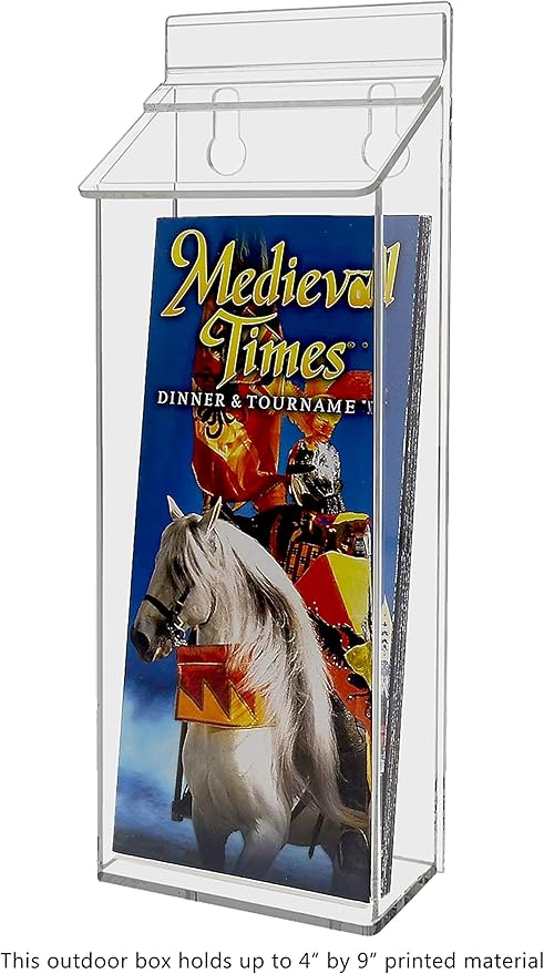 Outdoor Brochure Holder Holds 4" x 9" Advertising Trifolds Clear Acrylic Wall Mount Rack Card Box with Lid Includes Adhesive Strips and Take One Sticker by Marketing Holders