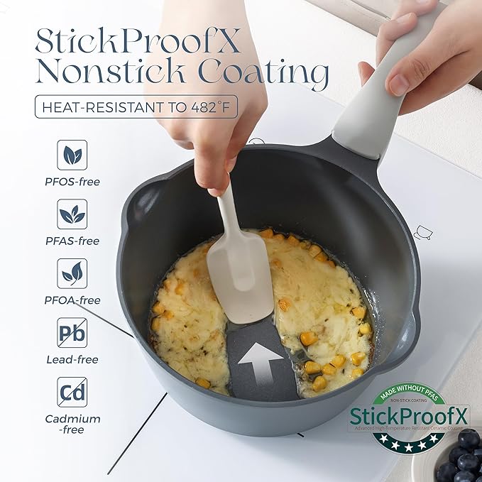 PRICUSIS Ceramic Nonstick Saucepan with Lid, 3 Quart Non Toxic Pot with Pour Spouts, Full Coated, 100% Dishwasher Safe, Induction Compatible & Oven Safe, PTFE PFAS & PFOA Free, Grey - Image 2