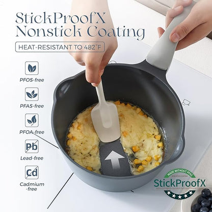 PRICUSIS Ceramic Nonstick Saucepan with Lid, 1.3 Quart Non Toxic Pot with Pour Spouts, Full Coated, 100% Dishwasher Safe, Induction Compatible & Oven Safe, PTFE PFAS & PFOA Free, Grey - Image 2