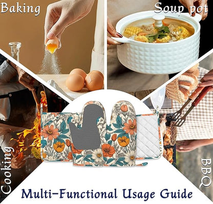 Vintage Floral Potholders & Oven Mitts Sets Abstract Flowers Silicone Heat Resistant Oven Mits and Hot Pads Non-Slip Pot Holders Gloves for Kitchen Chef Cooking Baking Grilling BBQ