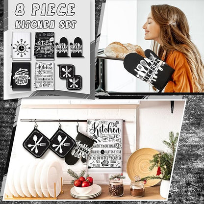 Leinuosen 8 Pcs Cooking Kitchen Decor Accessories Set Farmhouse Towels Oven Mitts Pot Holders Dishcloths Set Kitchen Decorative Absorbent Gloves Potholders for Chef Baking Cooking - Image 2