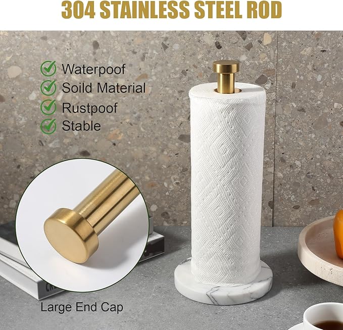 Koville Paper Towel Holder Countertop, Standing Paper Roll Holder with 6" Weighted Marble Base, Stone Paper Towel Holder with Gold Stainless Steel Rod for Kitchen Bathroom (Milas Lilac)