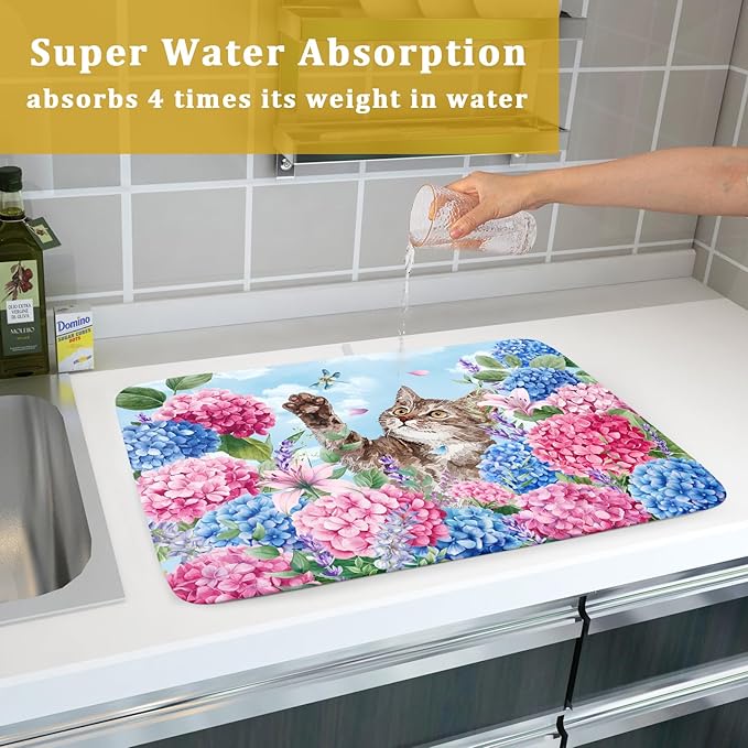 Cute Cat Dish Drying Mats for Kitchen Counter Hydrangea Floral Absorbent Drying Dishes Mat Large 18 X 24 - Image 7