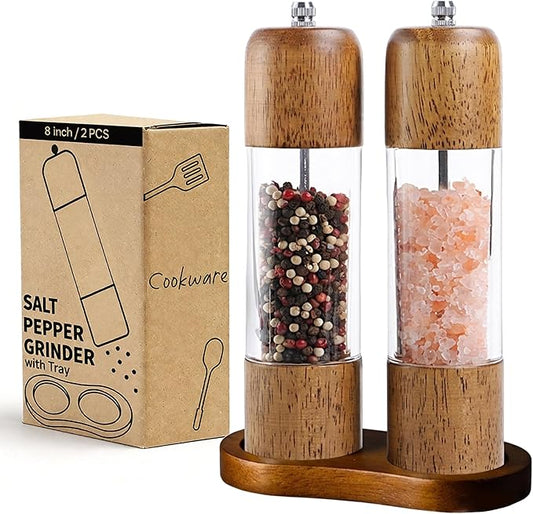 Wooden Salt and Pepper Grinder Set, Premium Oak Wood Salt Grinders Shakers, Pepper Mill with Acrylic Clear Window, Adjustable Ceramic Grinder (8″ - 2 Packs with Tray)