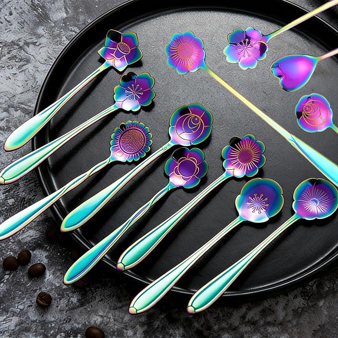 12 Pcs Flower Coffee Tea Spoons Set with Storage Bag, 4 Long & 8 Short Stainless Steel Teaspoons for Sugar Dessert Ice Cream Stirring, Cute Fancy Tableware for Tea Party Kitchen Cafe Bar(Multicolor)