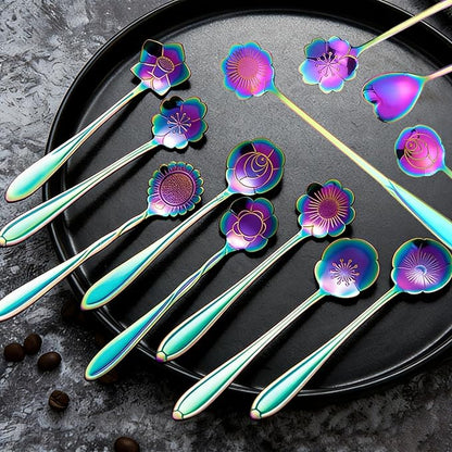 12 Pcs Flower Coffee Tea Spoons Set with Storage Bag, 4 Long & 8 Short Stainless Steel Teaspoons for Sugar Dessert Ice Cream Stirring, Cute Fancy Tableware for Tea Party Kitchen Cafe Bar(Multicolor)