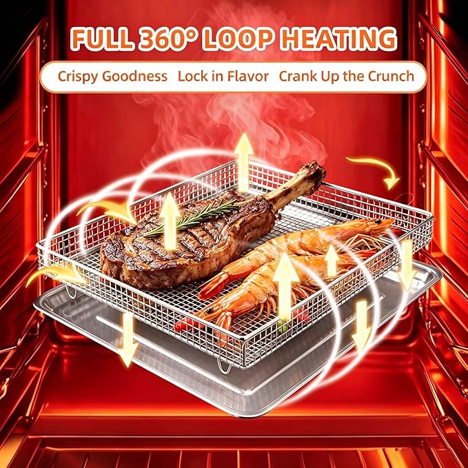 2Pcs Stainless Steel Oven Air Fryer Basket and Tray Replacement for Cuisinar TOA-060 and TOA-065 Toaster Oven Deep Fryer Parts & Accessorie, 12.4"x11" Baking Sheet Tray Pan for Cooking Bread Broiling