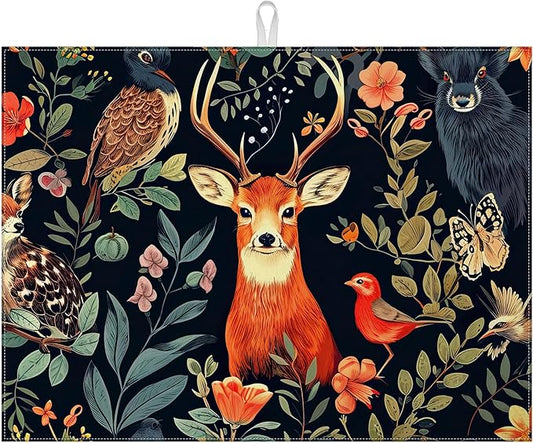 Vintage Deer Dish Drying Mat for Kitchen Counter Wild Animals Drying Pad Absorbent Reversible Dish Drainer Rack Mats Draining Pad 18"x24"Inch by MOUNTANLLY