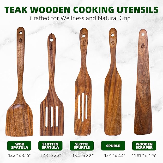 5 PCS Wooden Spatula for Cooking, Natural Teak Wooden Utensil Set, Non-Toxic Wood Cooking Utensil, Handmade Comfort Grip Wood Spoons for Nonstick Cookware - Image 3