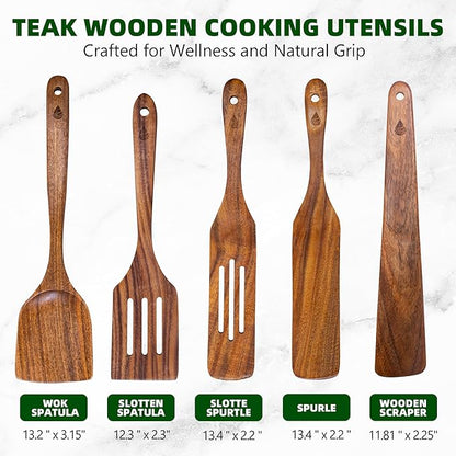 5 PCS Wooden Spatula for Cooking, Natural Teak Wooden Utensil Set, Non-Toxic Wood Cooking Utensil, Handmade Comfort Grip Wood Spoons for Nonstick Cookware - Image 3